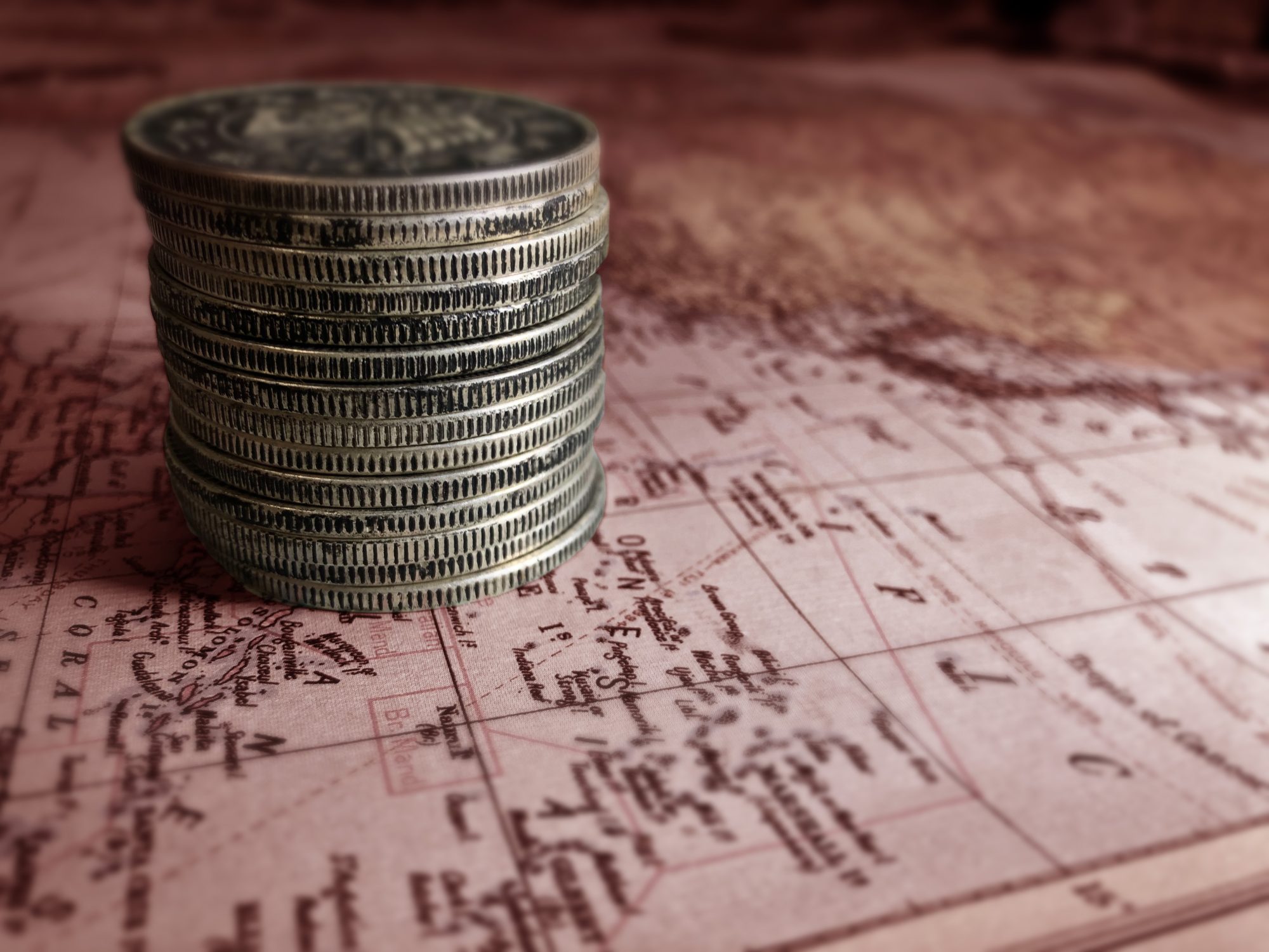 Material, world map, Silver coins